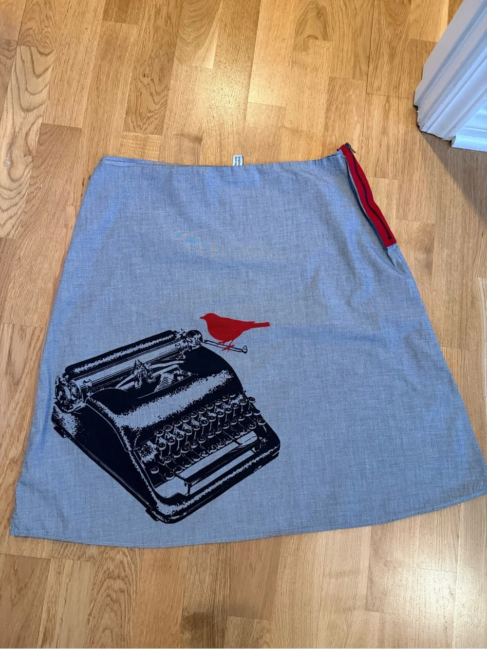 Women’s Gray Skirt with Typewriter & Red Bird Print
